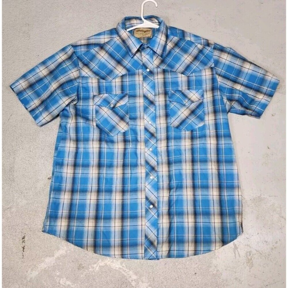 WRANGLER‎ Western Fashion Pearl Snap Men's Short Sleeve Shirt Blue Plaid L